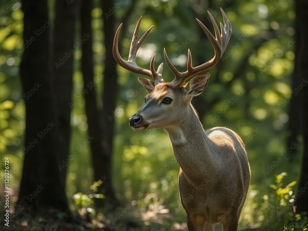 Whitetail Deer Buck in velvet standing in the woods during summer. Whitetail Deer Buck in velvet standing in the woods during summer.