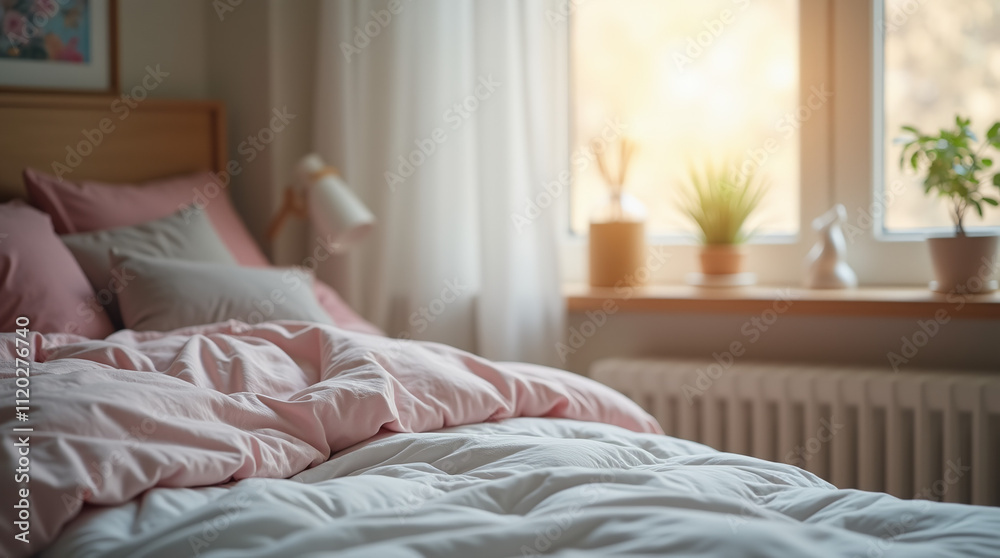 Room with comfortable bed with pillows and cushions Room with comfortable bed with pillows and cushions