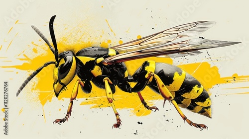 Close-up of a wasp with detailed body parts against a yellow splatter background. photo