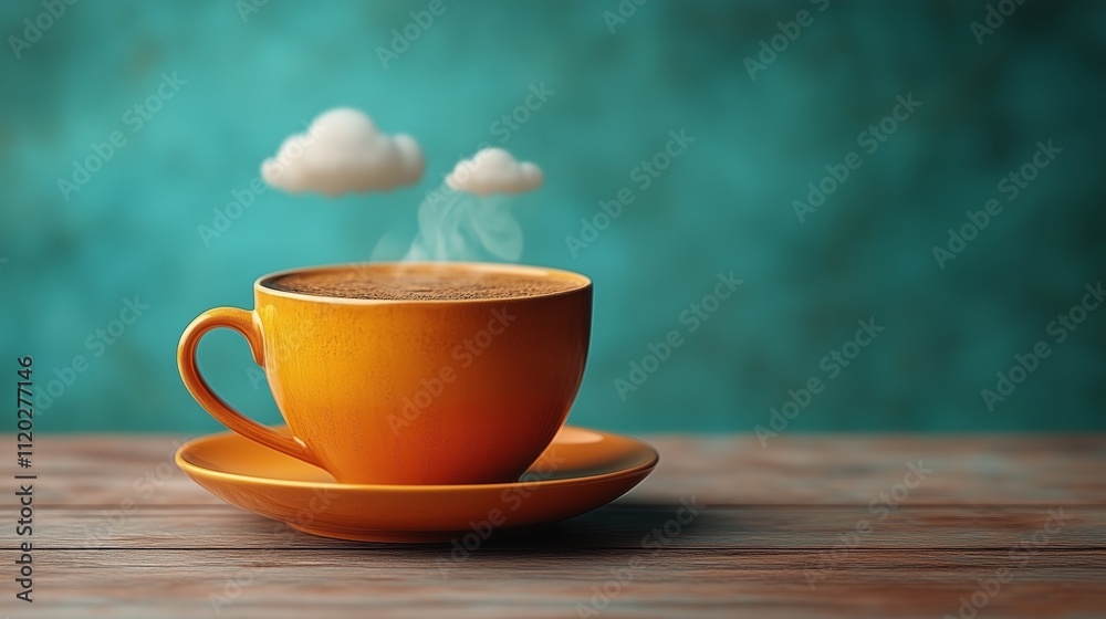 Orange coffee cup with clouds against a turquoise background Orange coffee cup with clouds against a turquoise background