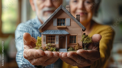 Elderly couple holding miniature house symbolizing homeownership and security