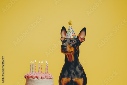 front view of a dobermann dog wearing birthday hat in front of a birthday cake in plain color background with copy space photo