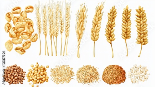 Detailed Illustration of Various Grains and Seeds, Including Wheat, Oats, Peanuts, and Sesame Seeds, Showcasing Agricultural Diversity and Nutrition