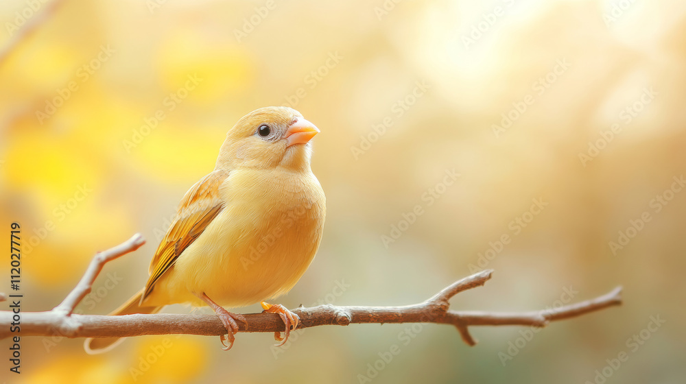 Obraz premium Happy yellow bird perched on a sunlit branch in an aviary, singing joyfully