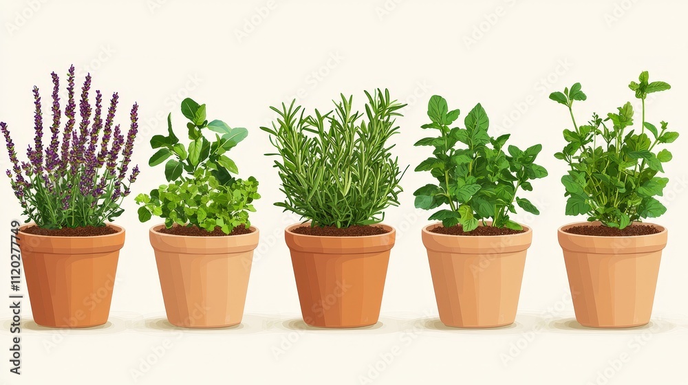 Collection of Fresh Herbs in Clay Pots Displayed on Cream Background with Lavender, Peas, Rosemary, Mint, and Basil for Gardening and Culinary Use Collection of Fresh Herbs in Clay Pots Displayed on Cream Background with Lavender, Peas, Rosemary, Mint, and Basil for Gardening and Culinary Use