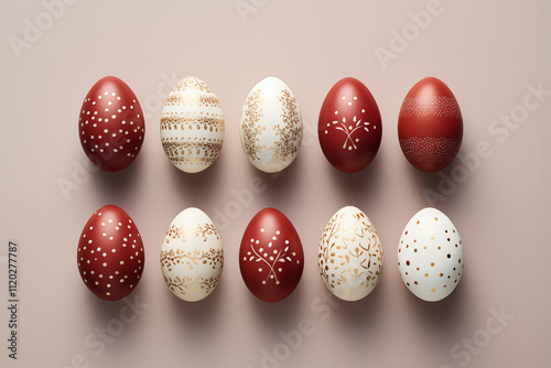 Colorful Easter Eggs on Light Background, Top View with Space for Text photo