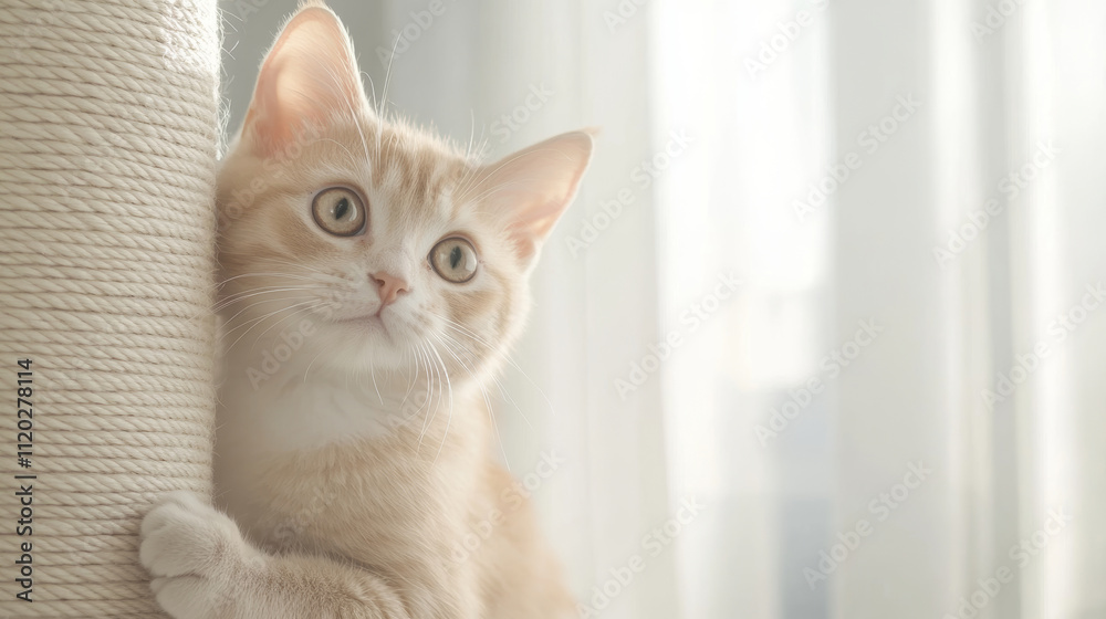 Adorable ginger kitten climbing a scratching post in a bright, minimalist modern home, enjoying its playtime Adorable ginger kitten climbing a scratching post in a bright, minimalist modern home, enjoying its playtime