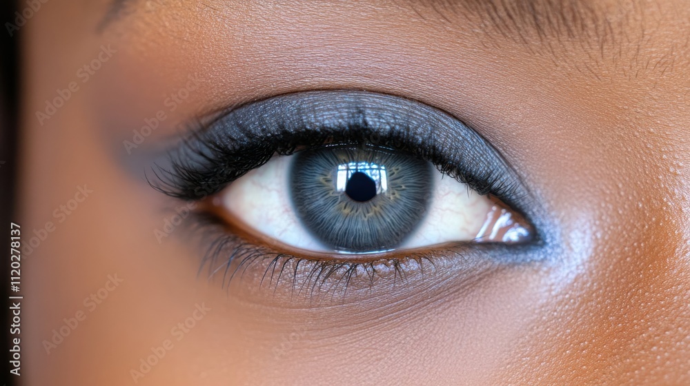Obraz premium A vibrant gray eye of a mixed-race individual in close-up, with unique tonal blends and crisp contrasts