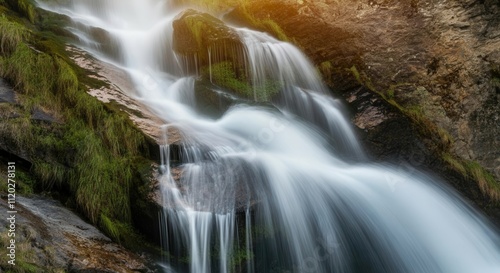 Serene cascading waterfall in lush