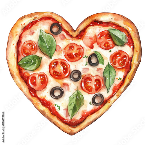 Watercolor isolated illustration of heart-shaped pizza