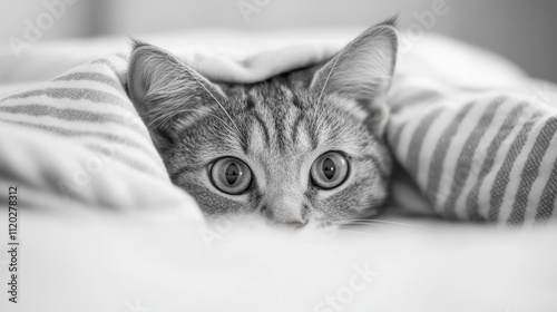 Monochrome image of a inquisitive feline concealed beneath a patterned coverlet, revealing only its eyes and ears photo