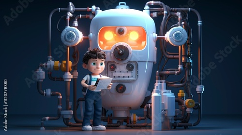 A photo of a 3D character installing a tankless water