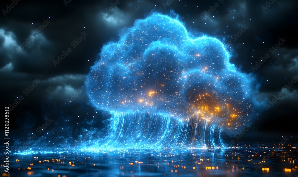 Obraz premium 3D cloud made of circuit board, glowing blue data flowing out from the clouds, black background, 
