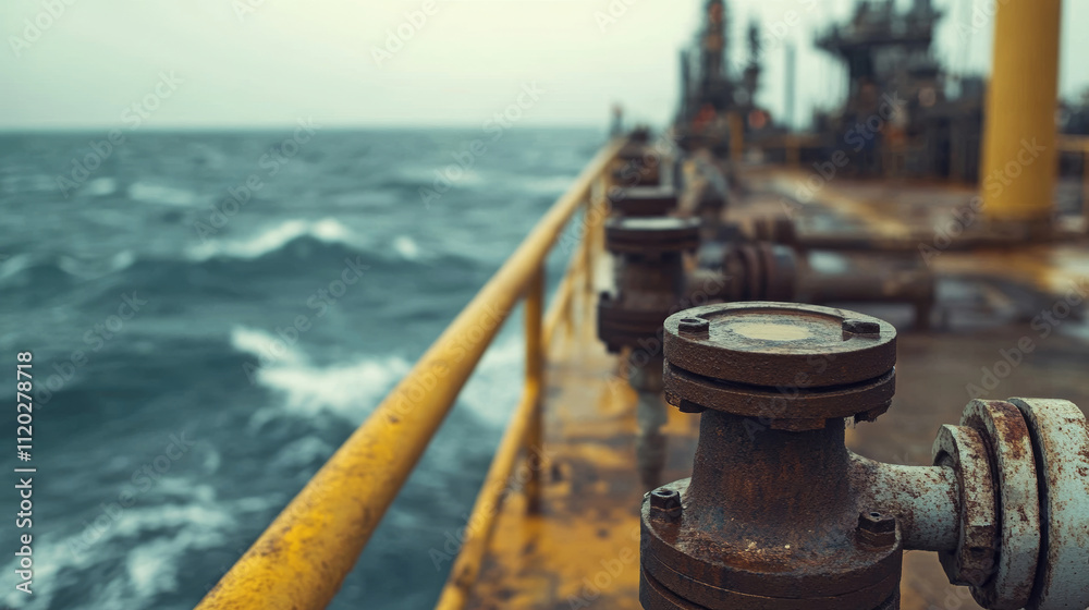 Rusty control valves and manifolds on an offshore oil rig with ocean waves in the background, highlighting industrial extraction Rusty control valves and manifolds on an offshore oil rig with ocean waves in the background, highlighting industrial extraction