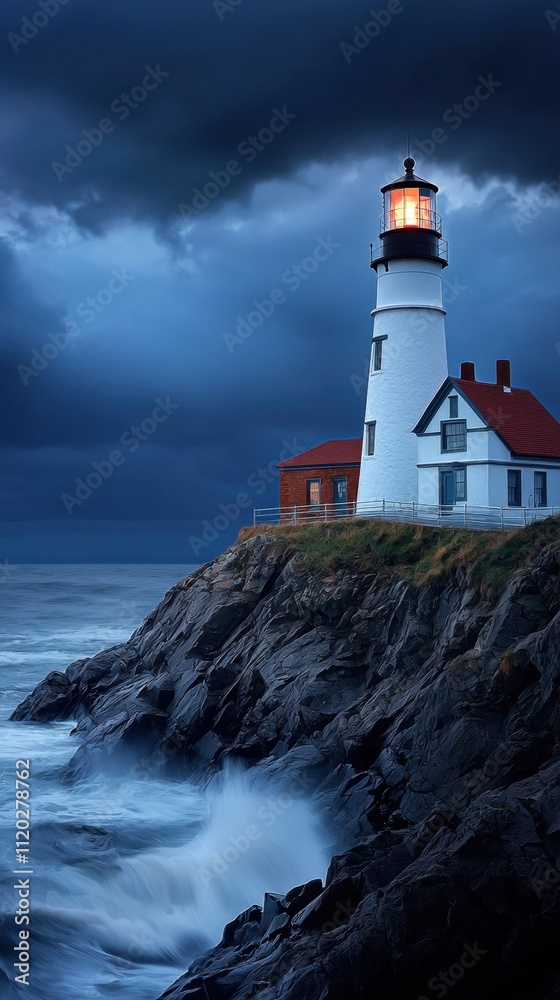 A lighthouse is on a rocky cliff overlooking the ocean A lighthouse is on a rocky cliff overlooking the ocean