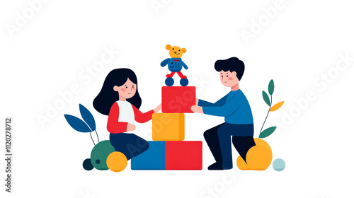 Two children are playing together, building a tower with colorful blocks and a teddy bear on top, surrounded by playful elements.