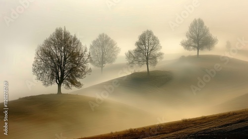 Four leafless trees stand on rolling hills shrouded in morning mist.