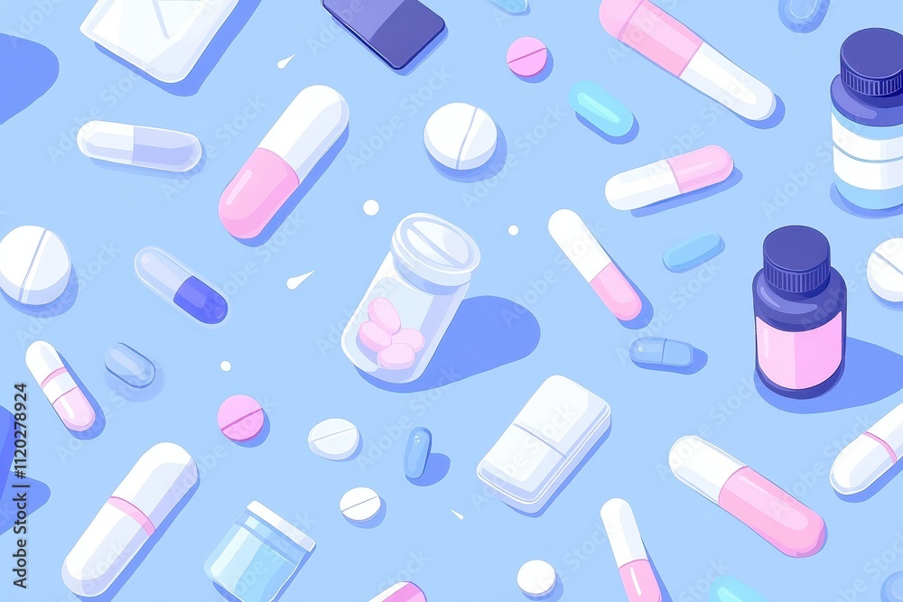 Pill capsules pattern, analgesic pile, painkiller drugs, sedative pills group, medicine gel capsules on blue Pill capsules pattern, analgesic pile, painkiller drugs, sedative pills group, medicine gel capsules on blue