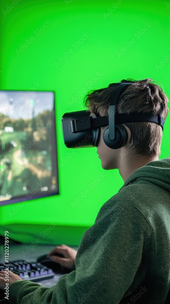 A virtual reality teen developer designing a VR environment on a computer, background is greenscreen A virtual reality teen developer designing a VR environment on a computer, background is greenscreen
