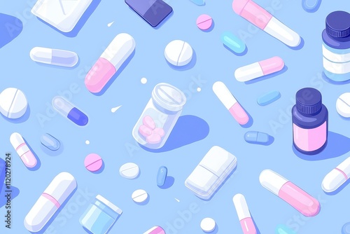 Pill capsules pattern, analgesic pile, painkiller drugs, sedative pills group, medicine gel capsules on blue