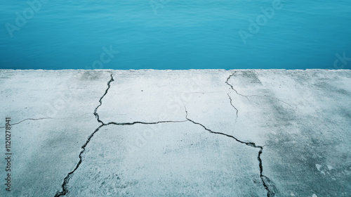 Minimalist photo of a cracked concrete dam wall with turquoise water seeping through, highlighting the need for infrastructure repair