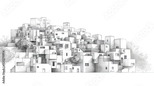 Architectural sketch of a hillside town with numerous buildings, trees, and shadows.