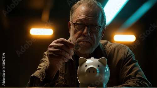 Saving money concept. An elderly man thoughtfully adds a coin to a white piggy bank in a dimly lit room, representing savings and finance.