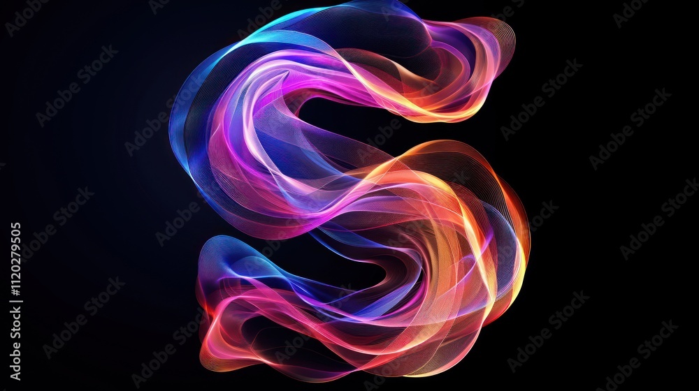 Abstract vibrant glowing S letter shape, colorful light trails on black background. Abstract vibrant glowing S letter shape, colorful light trails on black background.