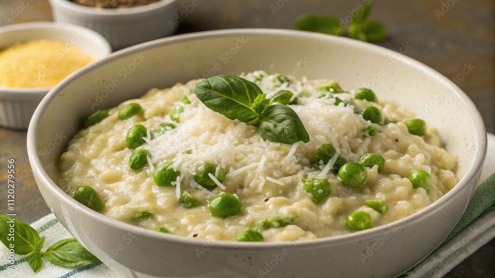 A deep bowl is filled with a creamy bowl of risotto its consistency rich and smooth speckled with vibrant green peas and freshly grated Parmesan cheese melting on top. A sprig of A deep bowl is filled with a creamy bowl of risotto its consistency rich and smooth speckled with vibrant green peas and freshly grated Parmesan cheese melting on top. A sprig of