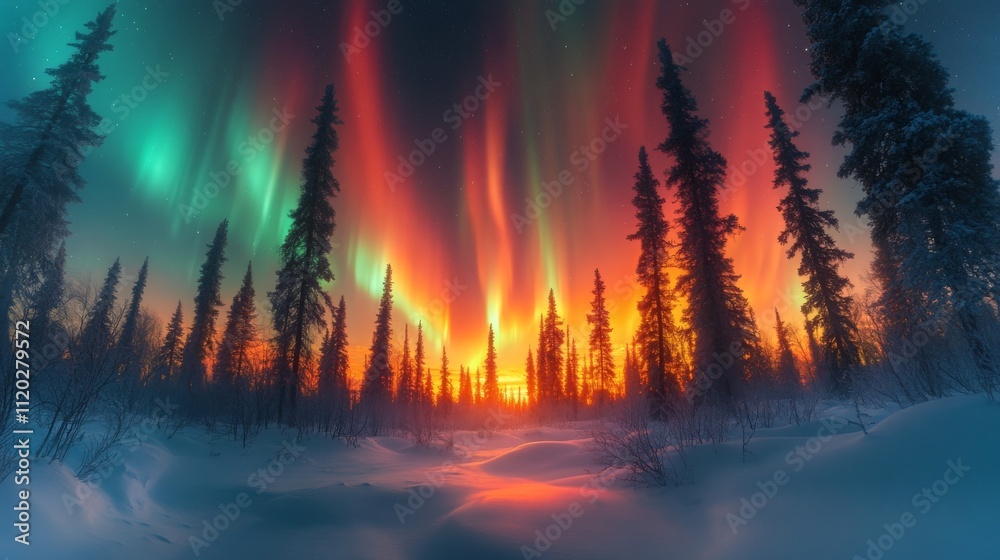 Majestic aurora borealis dances above a snowy pine forest at twilight
