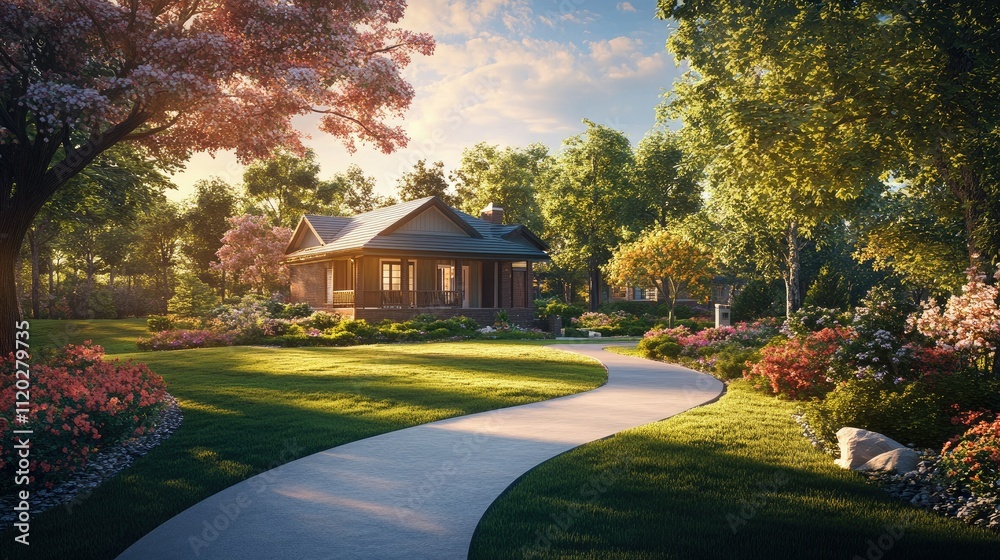 Naklejka premium A serene garden with a charming house surrounded by vibrant flowers and lush greenery.