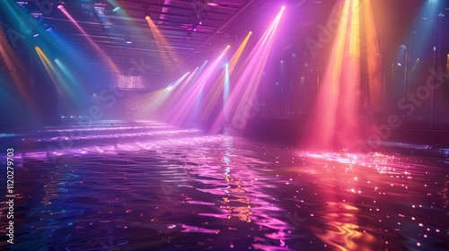 Colorful stage lights reflecting on water surface.