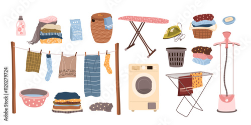 Laundry set. Isolated housework elements for cleaning, washing and ironing. Clothes, washing machine, softener, clothes steamer, drying rack, powder detergent, ironing board. Vector illustrations.