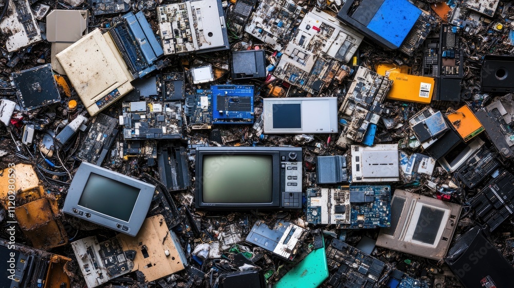 Piles of mixed waste at a landfill, with discarded electronics and household items, highlighting modern waste management challenges. Piles of mixed waste at a landfill, with discarded electronics and household items, highlighting modern waste management challenges.