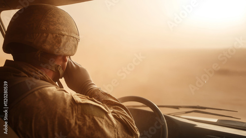 Soldier wearing protective helmet and camouflage gear driving armored vehicle through intense sandstorm in desert terrain