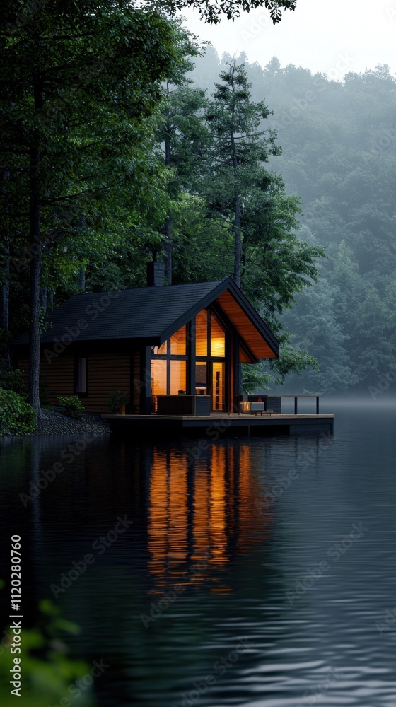 A small cabin is sitting on a dock in front of a lake A small cabin is sitting on a dock in front of a lake