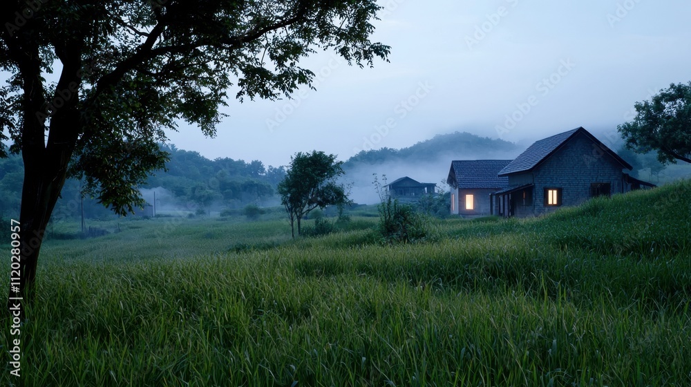 A small house sits in a field of tall grass A small house sits in a field of tall grass