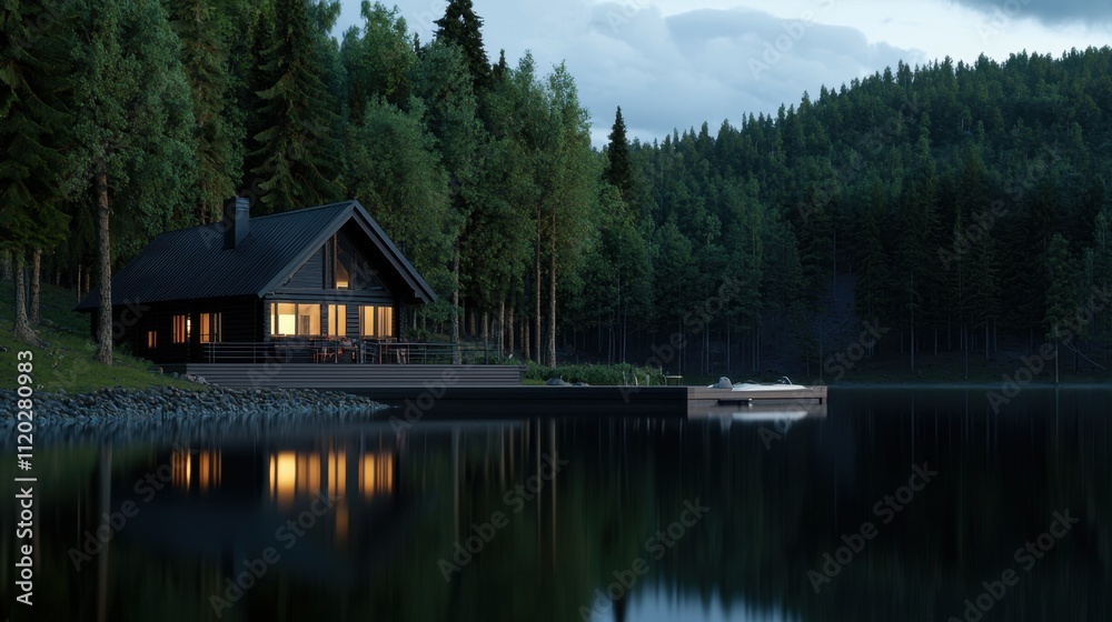 A house with a dock and a boat is on a lake A house with a dock and a boat is on a lake