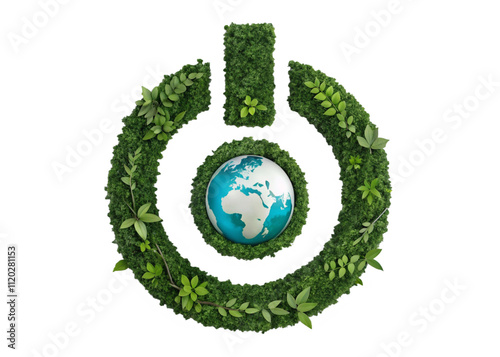 Planet Earth in power button. Earth hour concept. Earth day concept. green earth with grass. Green Power Button: Powering the Planet with Renewable Energy. 