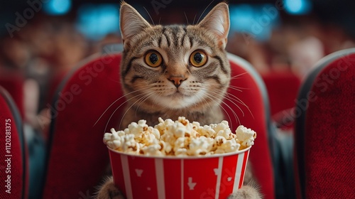 Wallpaper Mural a cat watches a movie in a cinema, holds a bucket with popcorn, leisure, entertainment	 Torontodigital.ca