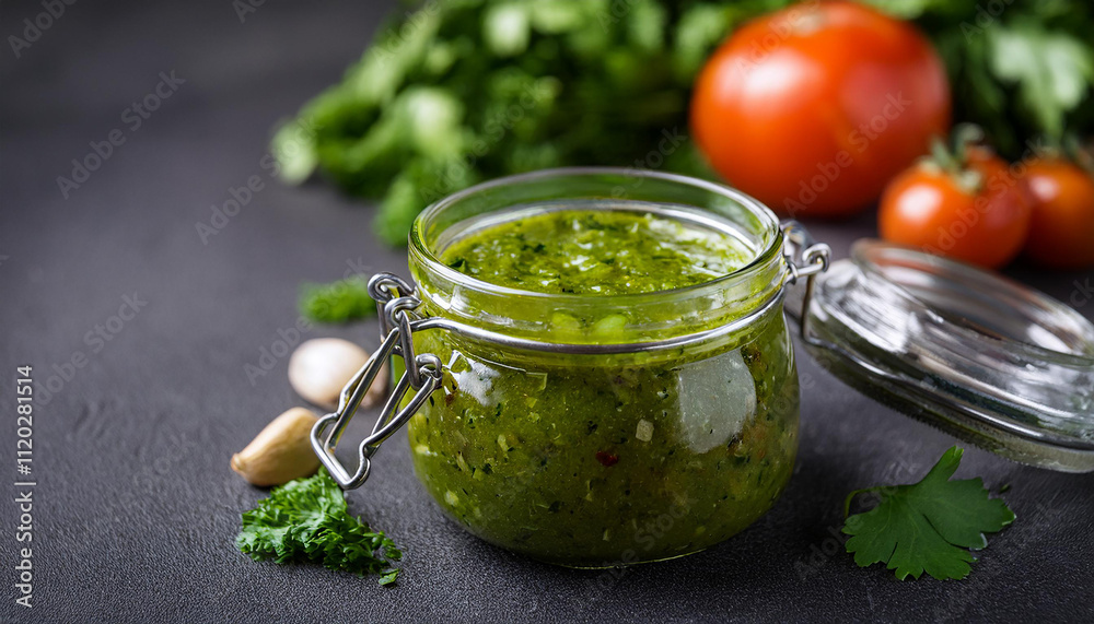 Jar of delicious green salsa Verde sauce on dark table. Fresh and tasty semi-solid food. Jar of delicious green salsa Verde sauce on dark table. Fresh and tasty semi-solid food.