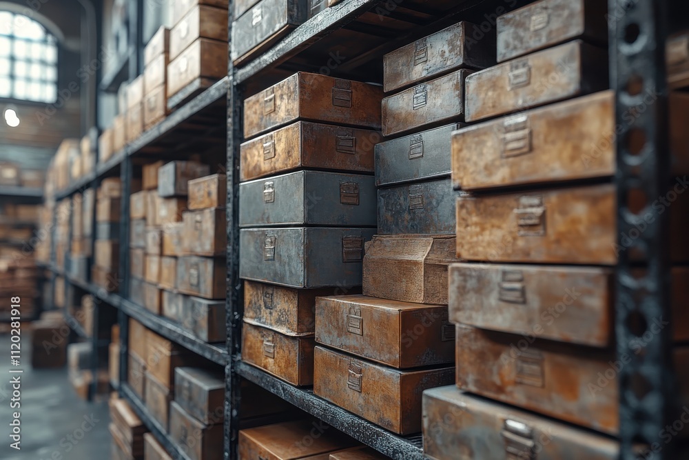 A storage area filled with stacked metal boxes on shelves, suggesting industrial use. A storage area filled with stacked metal boxes on shelves, suggesting industrial use.