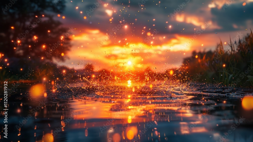 Magical sunset reflecting on water with sparks. Magical sunset reflecting on water with sparks.