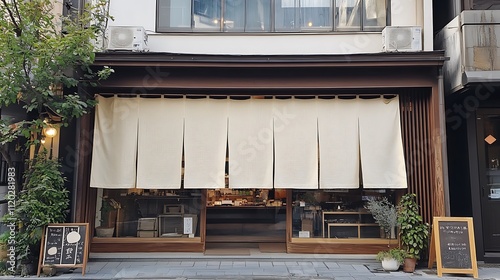 Japanese Traditional Shop Exterior with Noren Curtains