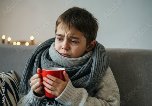 Cozy winter scene of sick child with scarf and red mug for comfort and warmth photo