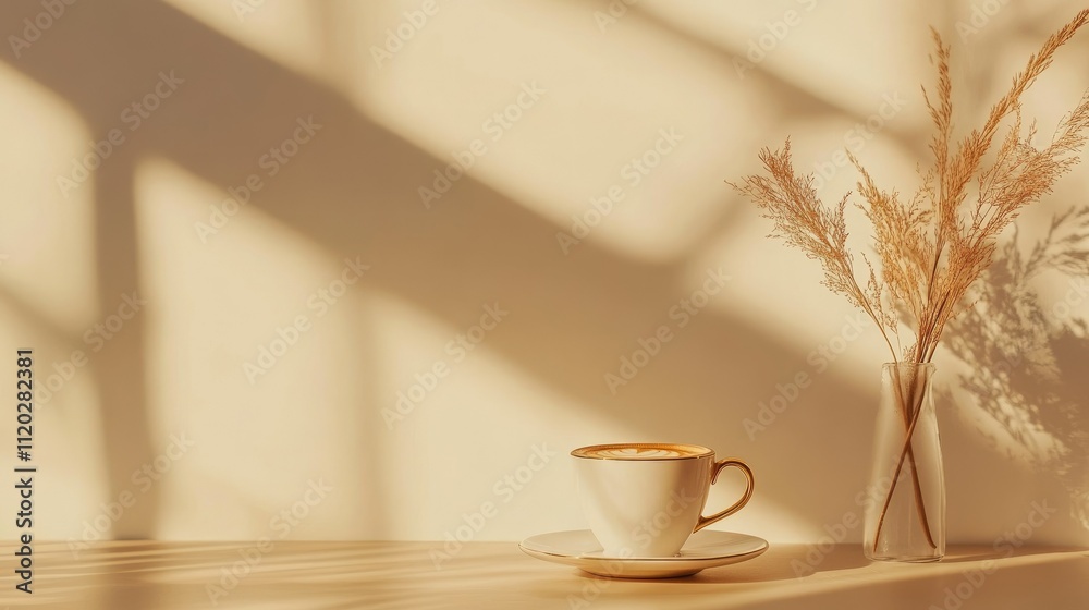 A serene scene featuring a coffee cup and decorative grasses, bathed in warm sunlight. A serene scene featuring a coffee cup and decorative grasses, bathed in warm sunlight.