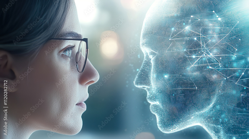 Ceasefire and truce lead to a peace agreement, fostering conflict resolution. Woman with glasses facing a digital human-like figure in a futuristic setting Ceasefire and truce lead to a peace agreement, fostering conflict resolution. Woman with glasses facing a digital human-like figure in a futuristic setting