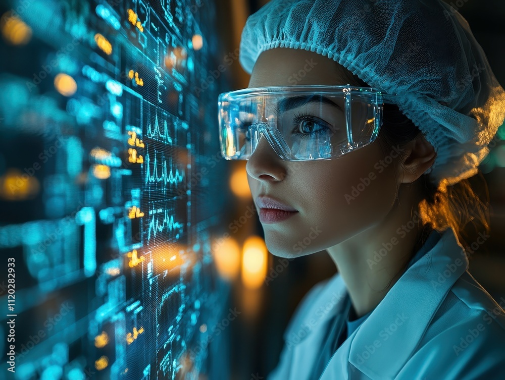Scientist examines futuristic digital interface in laboratory with advanced technology and data analysis tools