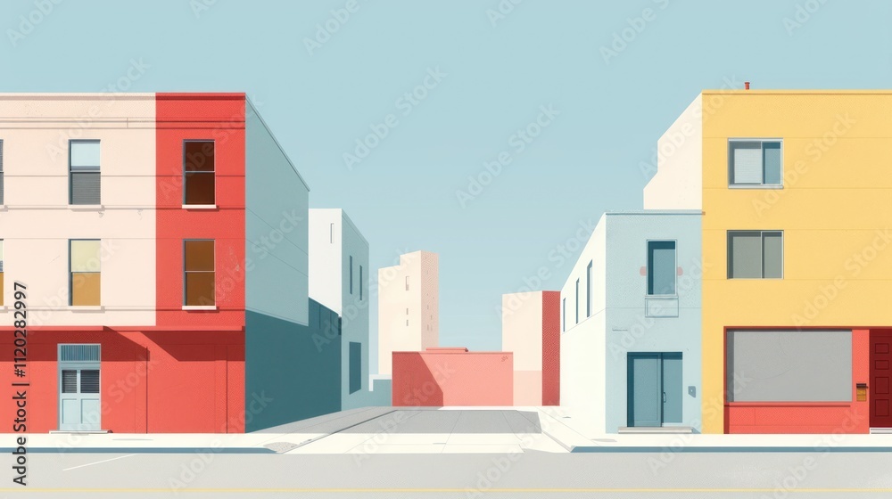 Colorful city street scene with pastel buildings, empty road, and clear sky. Colorful city street scene with pastel buildings, empty road, and clear sky.