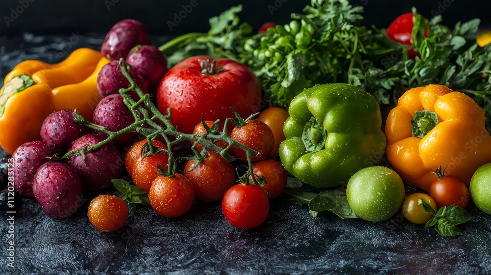 Fresh vegetables with vibrant colors on a dark rustic table Fresh vegetables with vibrant colors on a dark rustic table